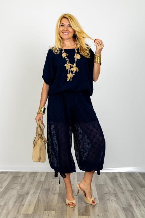 Bluzka Palmiano granatowa z krótkim rękawem okrągłym dekoltem w drobne kwiaty ze ściągaczami