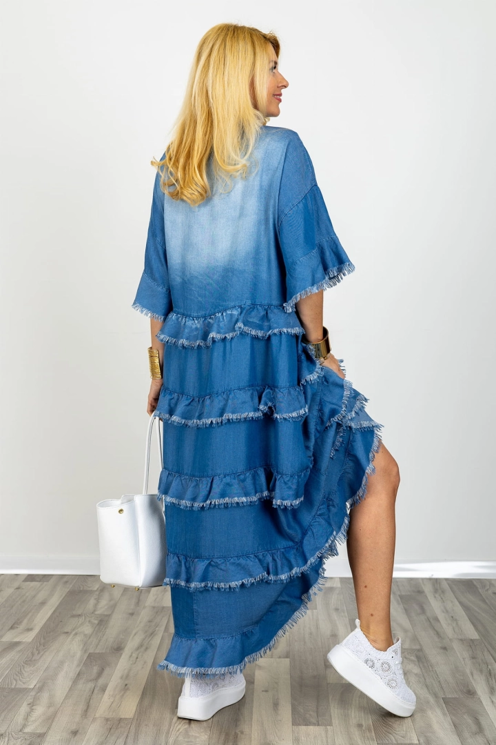 Sukienka maxi oversize denim blue jeansowa falbanki strzępione dekolt V luźna styl boho Metapontoa