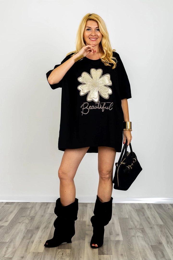 Bluzka Acereto czarna oversize z dżetami tunika damska plus size z błyszczącym nadrukiem