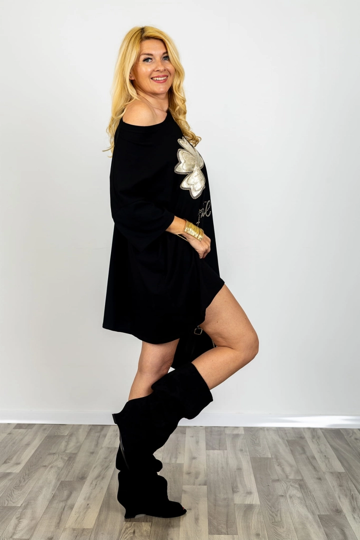 Bluzka Acereto damska czarna oversize z ozdobnym nadrukiem i dżetami luźna tunika plus size