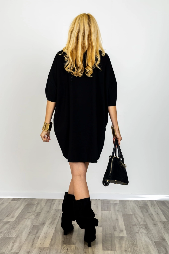 Bluzka Acereto czarna oversize z dżetami i błyszczącym printem tunika damska casual