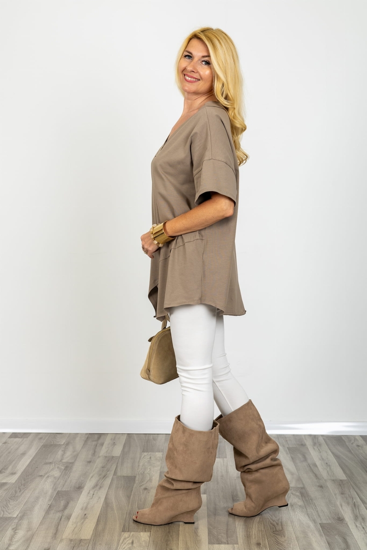 Bluzka Marsicovetere fango oversize z przeszyciami i asymetrią luźna bluzka damska plus size