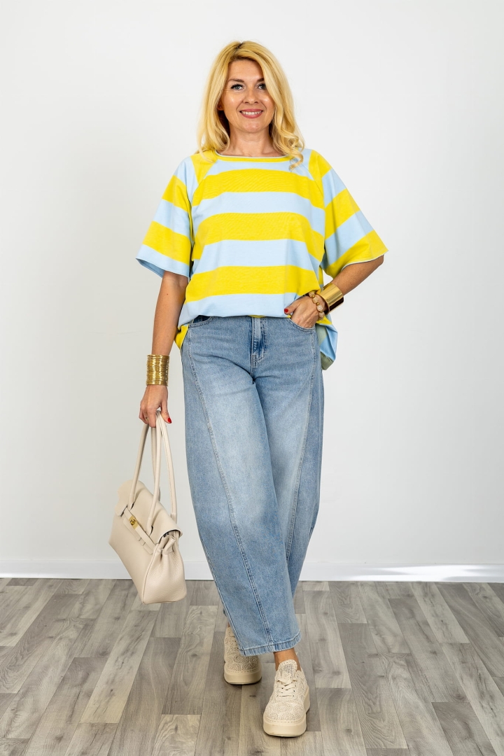 Bluzka Cascinette oversize błękitna w limonkowe paski luźna bluzka damska okrągły dekolt