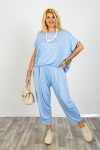 Spodnie balloon z wysokim stanem gumką w pasie troczkiem przeszyciami i marszczeniami Sefro błękitne