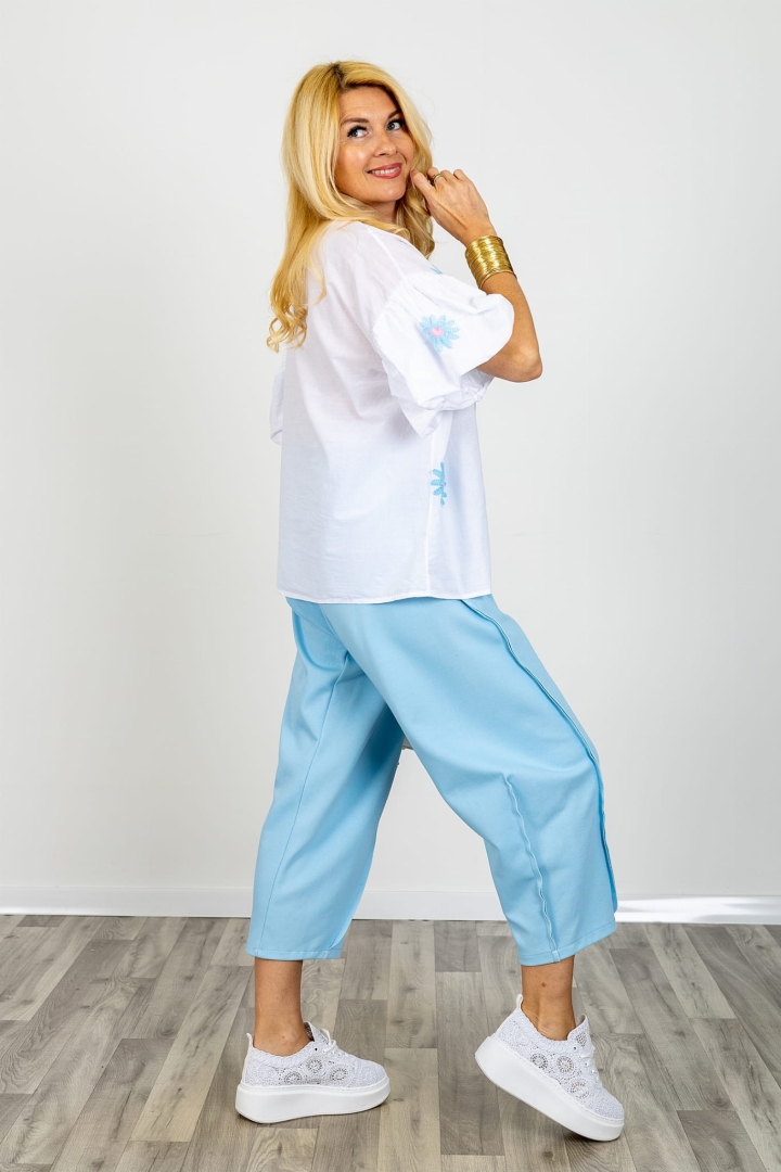 Bluzka Oriveto damska biała oversize haft kwiatowy krótki rękaw modna luźna bluzka