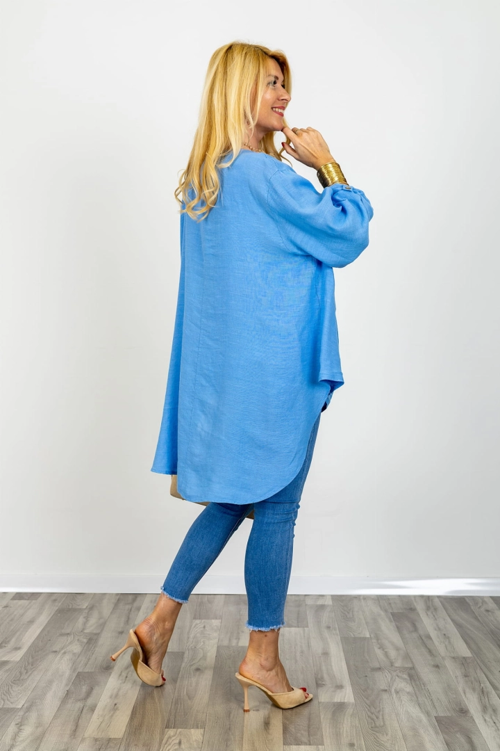 Plus size komplet lniany Brandizzo błękit królewski top na ramiączkach tunika oversize dekolt woda