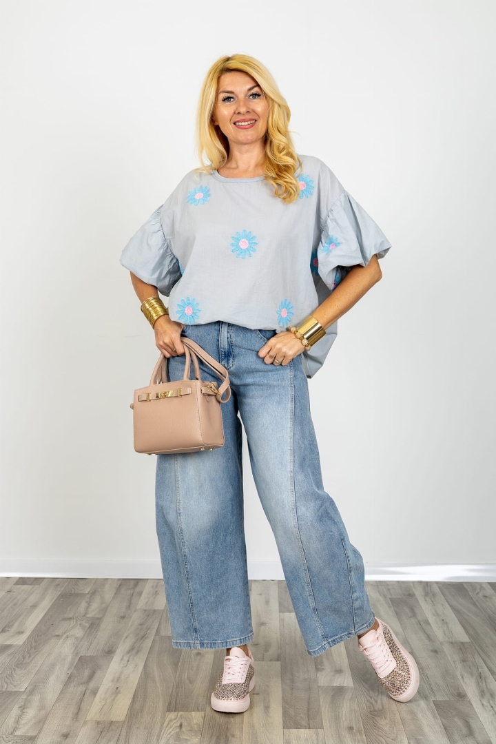Bluzka Oriveto szara oversize haft kwiatowy luźna bluzka damska styl casual plus size