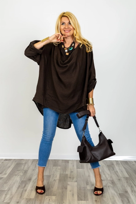 Brandizzo komplet lniany brązowy plus size top na szerokich ramiączkach tunika oversize dekolt woda