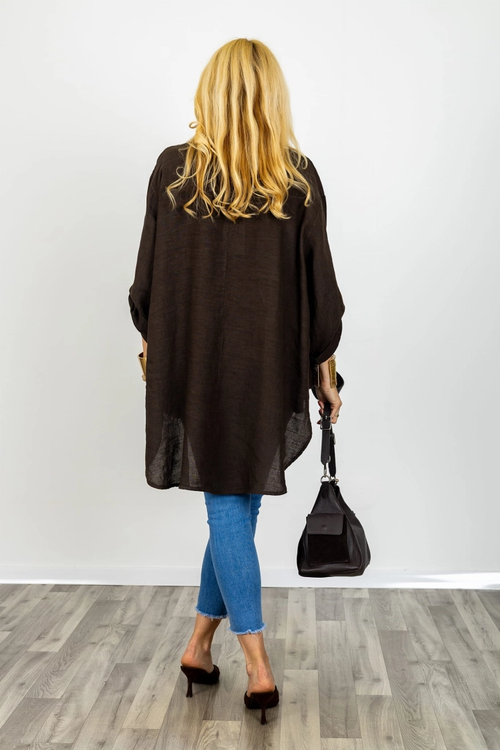 Plus size komplet lniany Brandizzo brązowy top na ramiączkach tunika oversize dekolt woda