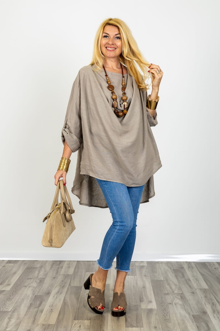 Komplet lniany plus size top na szerokich ramiączkach z okrągłym dekoltem i tunika oversize asymetryczna z zaokrąglonym dołem i długimi rękawami Brandizzo  fango