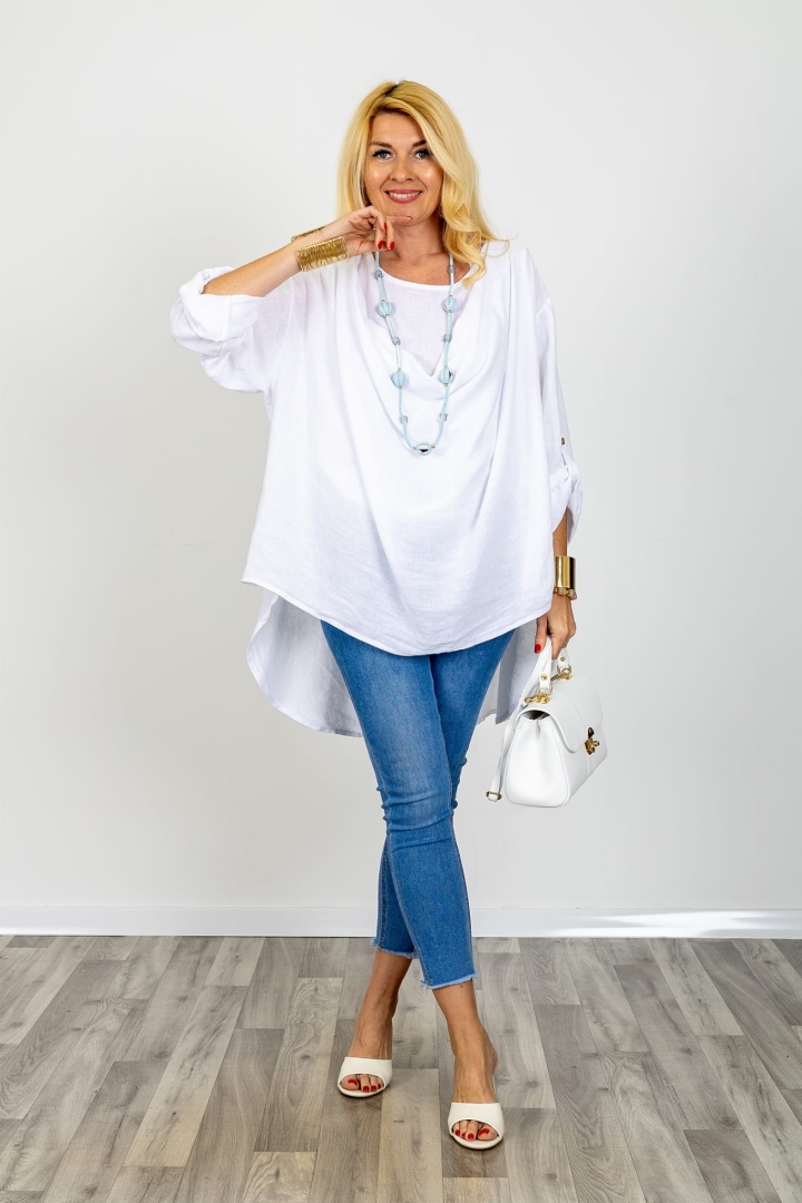 Komplet lniany plus size top na szerokich ramiączkach z okrągłym dekoltem i tunika oversize asymetryczna z zaokrąglonym dołem i długimi rękawami Brandizzo biały