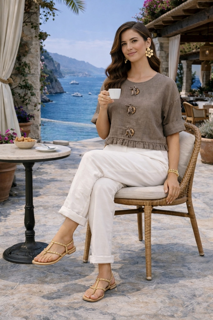 Lniana bluzka damska z okrągłym dekoltem ozdobnymi guzikami falbanką i krótkim rękawem Nereto  fango