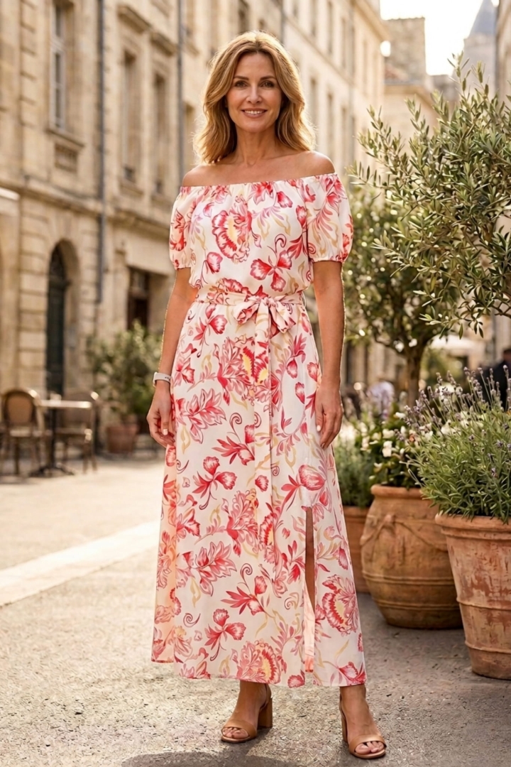 Sukienka midi hiszpanka w kwiatowy print z odkrytymi ramionami i wiązaniem w pasie Mentana biel z różem  