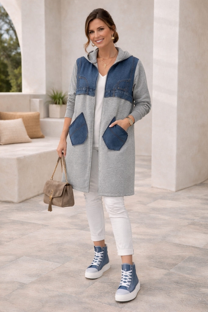 Bluza długa oversize z kapturem kieszeniami na suwak dresowa z jeansowymi wstawkami Barchi szara