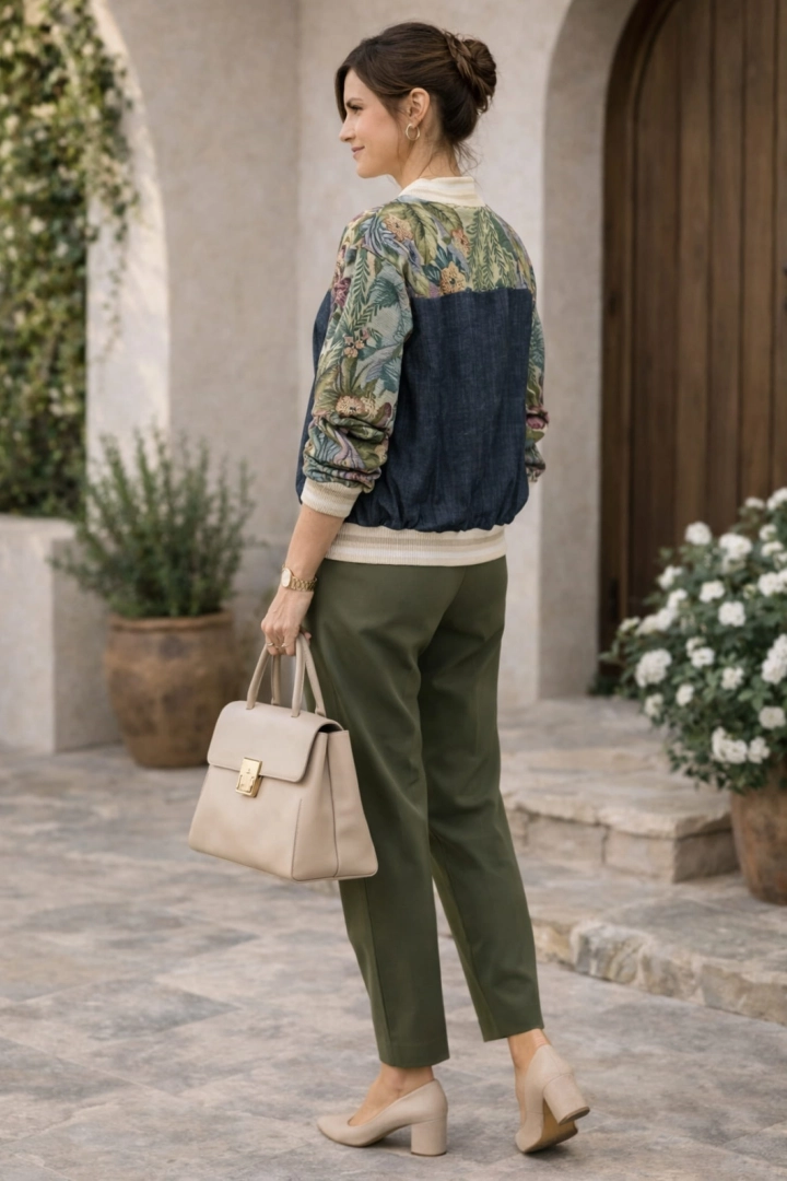 Bluza bomberka Cariatia dark denim blue z zielonym żakardowa w kwiaty z jeansową wstawką