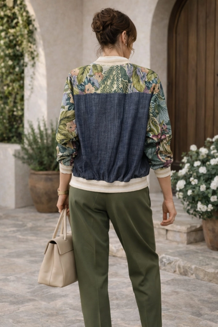 Kurtka damska Cariatia bomberka dark denim blue z zielonym w kwiaty na suwak ze ściągaczami