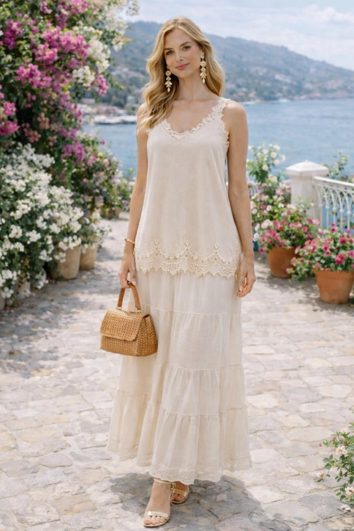 Beżowy top lniany damski Basciano na ramiączkach z koronką i dekoltem V