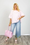 Bluzka damska oversize z krótkim rękawem obniżoną linią ramion dekoltem łódka surowo wykończona Voghera pudrowa różowa