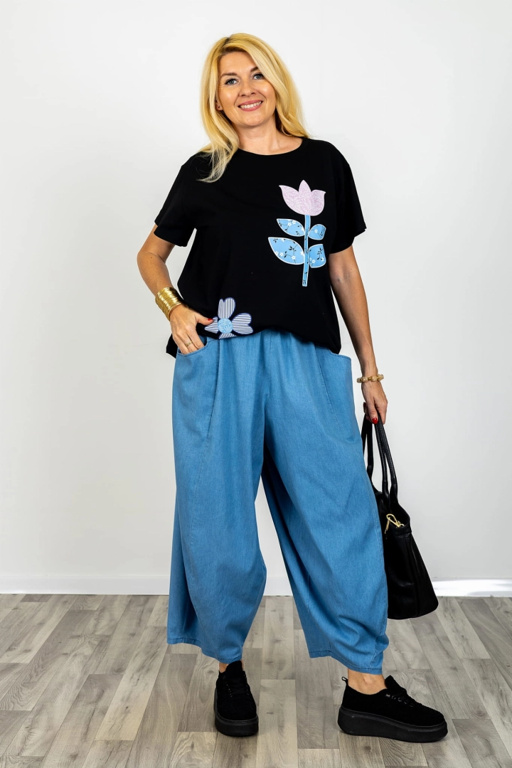 Spodnie balloon light denim blue gumka w pasie wysoki stan kieszenie przeszycia przód Carpegna