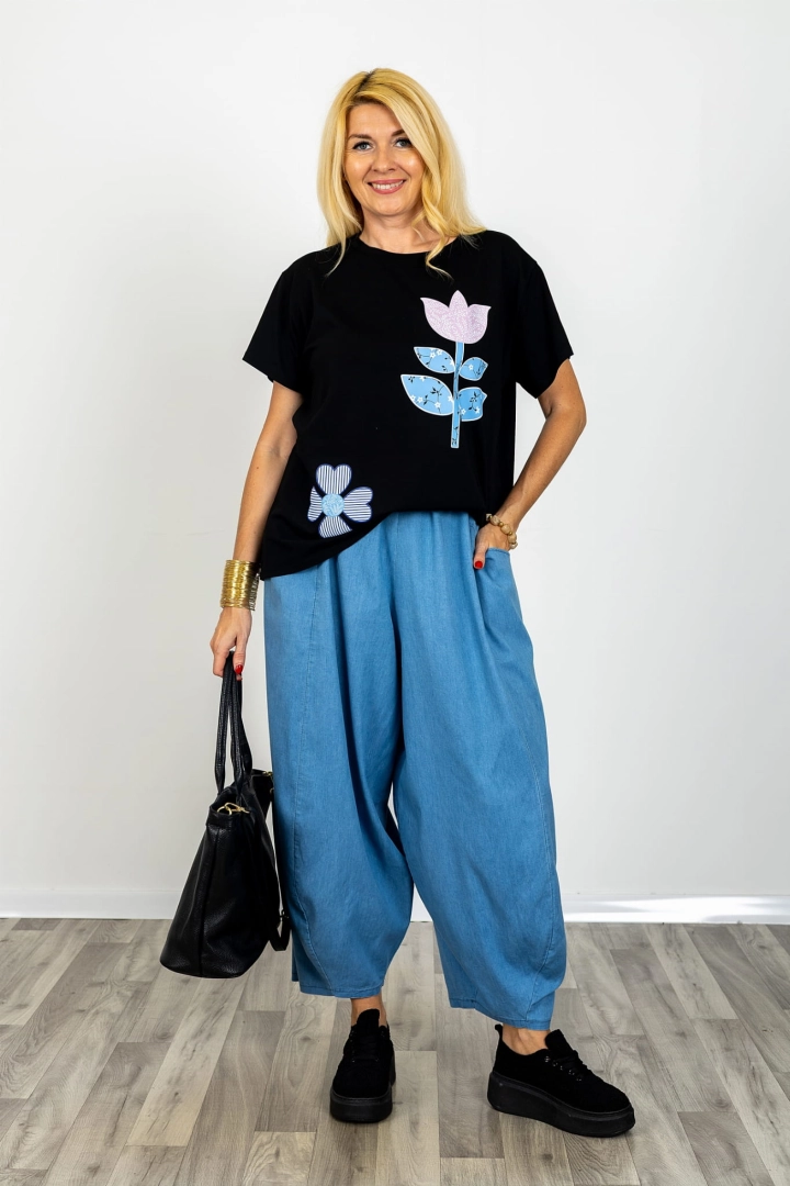 T-shirt oversize bawełniany z motywem kwiatowym krótkim rękawem i okrągłym dekoltem Irsina czarny