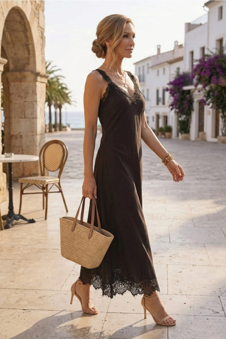 Brązowa sukienka lniana maxi Chiaverano na ramiączkach dekolt V koronkowy dół lekko rozkloszowana