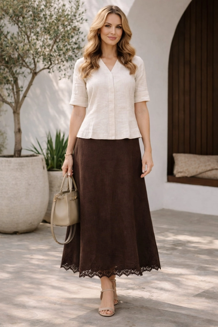 Buttigliera spódnica lniana maxi brązowa lekko rozkloszowana z gumką w talii i koronkowym dołem