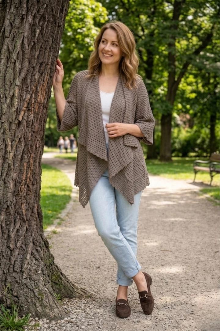 Kardigan ażurowy Lecara fango narzutka oversize kimono z kieszeniami asymetryczna luźna
