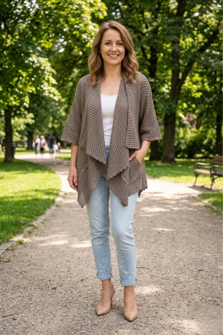 Kardigan ażurowy Lecara fango narzutka oversize kimono z kieszeniami asymetryczna luźna