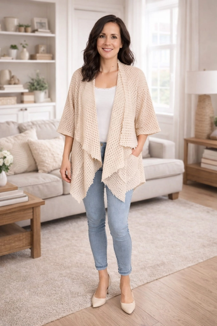Kardigan ażurowy Lecara beżowa narzutka oversize kimono z kieszeniami asymetryczna luźna