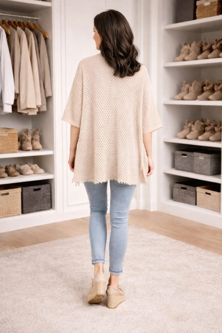 Narzutka ażurowa Lecara beżowa kardigan oversize rękaw kimono kieszenie asymetryczna stylowa