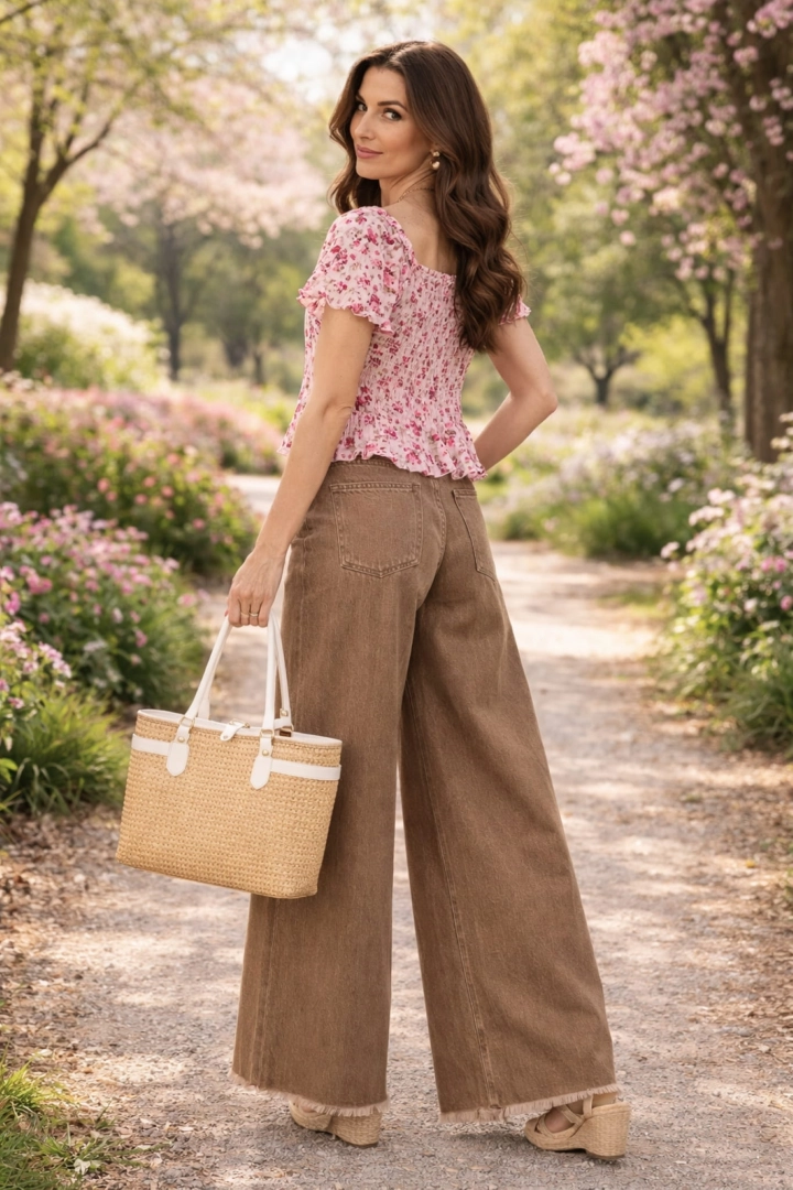 Spodnie jeansowe wide leg damskie Serrungarina piaskowe z wysokim stanem szeroką nogawką kieszeniami szlufkami i postrzępionym dołem