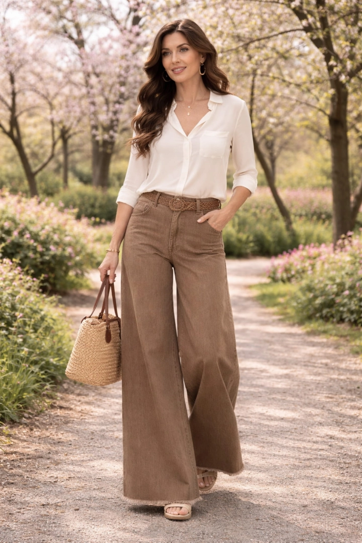 Jeansy wide leg damskie Serrungarina piaskowe z szeroką nogawką wysokim stanem kieszeniami szlufkami i postrzępionym dołem