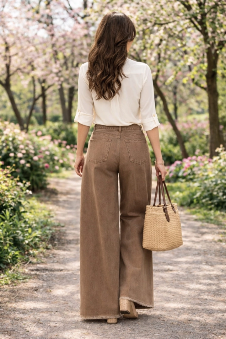 Spodnie wide leg jeansowe damskie Serrungarina piaskowe szeroka nogawka wysokim stanem kieszeniami szlufkami postrzępiony dół