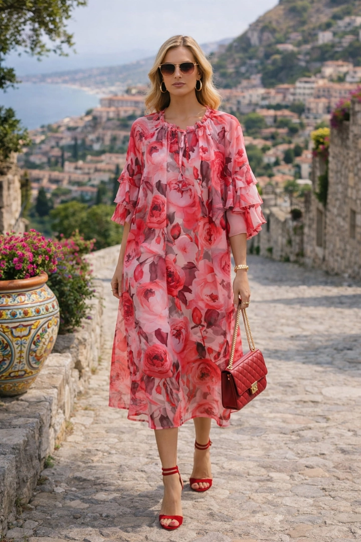 Sukienka midi w kwiaty szyfonowa z podszewką falbanką przy rękawach i wiązanym dekoltem Formigina róż z ecru