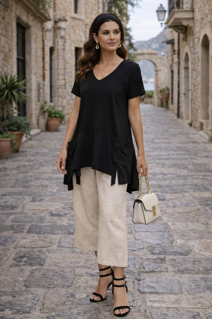 Tunika damska Sabazia czarna oversize asymetryczna plus size z krótkim rękawem dekolt V rozcięcia