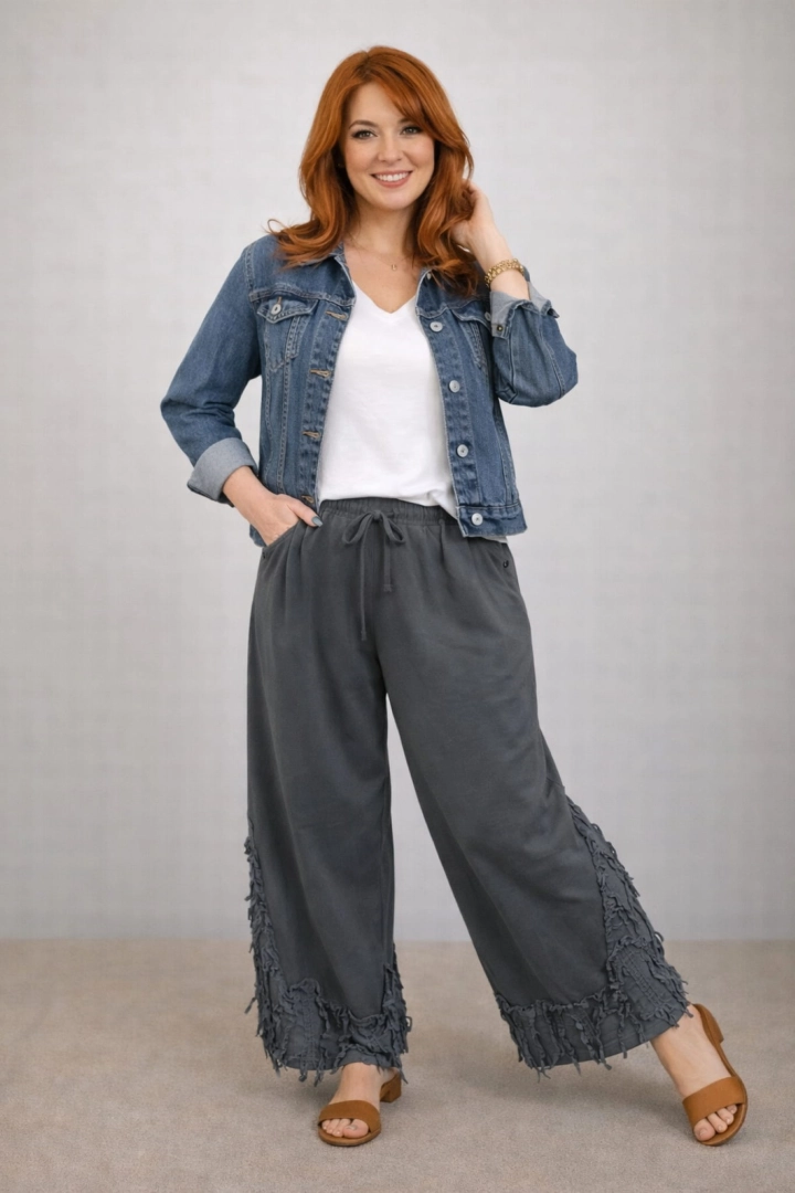 Spodnie Giardinello grafitowe palazzo z szeroką nogawką gumką w pasie i dekoracyjnym pasem przy dole