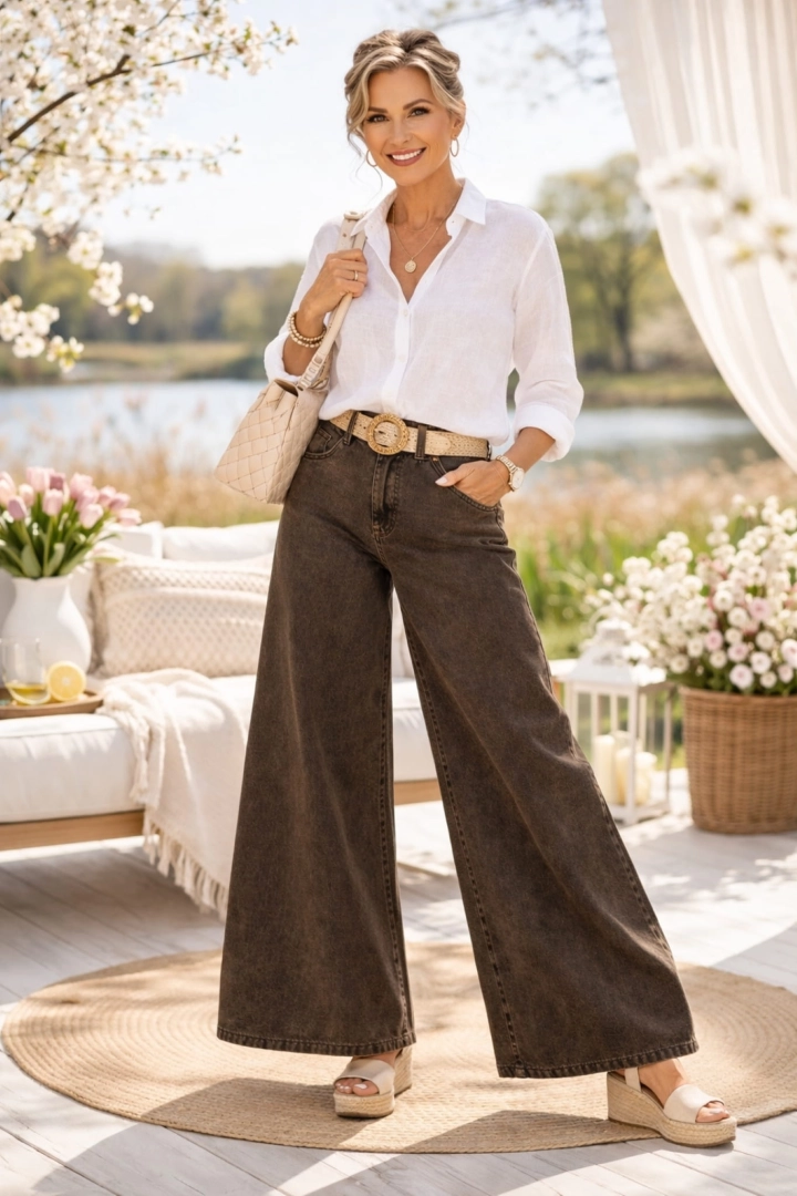 Jeansy damskie z szerokimi nogawkami i wysokim stanem wide leg Cerrosa ciemnobrązowe