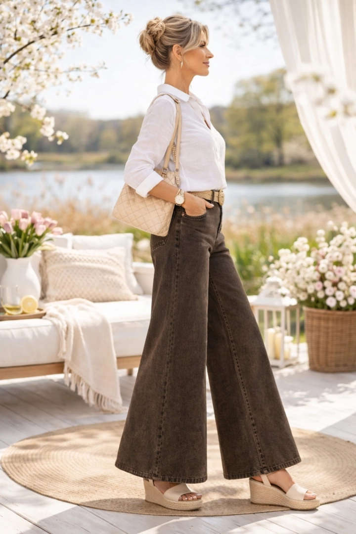 Jeansy damskie wide leg Cerrosa ciemnobrązowe szerokie nogawki wysoki stan