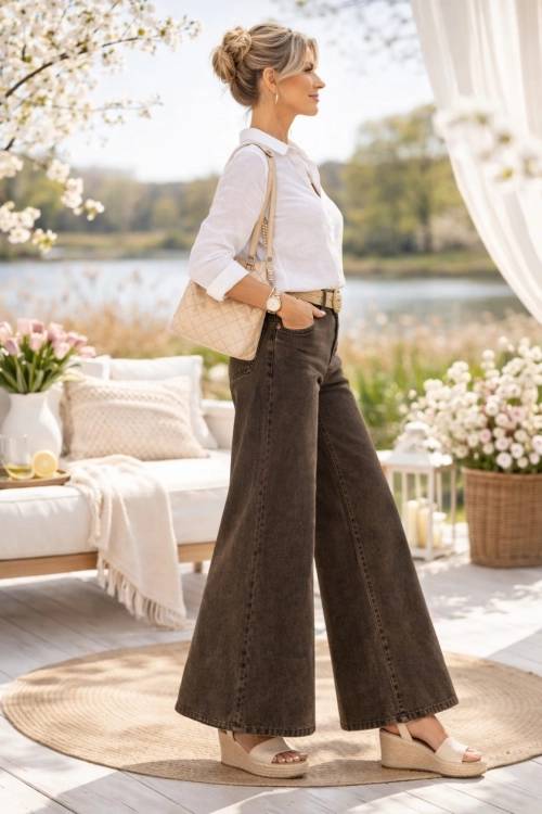 Jeansy damskie wide leg Cerrosa ciemnobrązowe szerokie nogawki wysoki stan