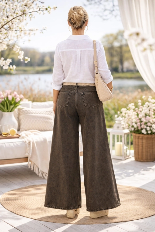 Spodnie jeansowe damskie Cerrosa ciemnobrązowe wide leg szerokie nogawki wysoki stan