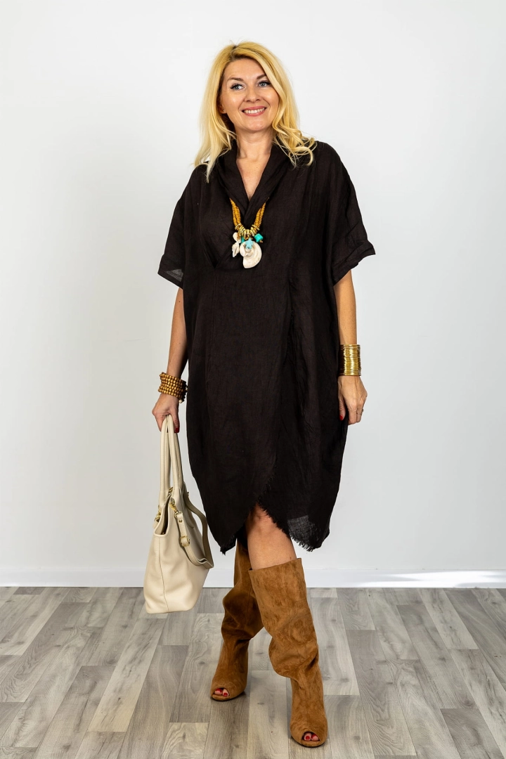 Sukienka lniana midi asymetryczna Oristano brązowa strzępiony dół rękaw kimono kieszenie oversize plus size