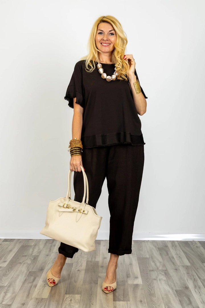 Bluzka damska Siamanna brązowa z krótkim rękawem satynowe wykończenie zapinana na guziki z tyłu oversize