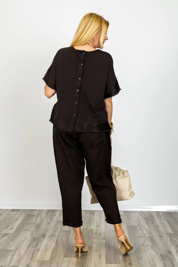 Bluzka damska Siamanna brązowa oversize krótki rękaw zapinana na guziki z tyłu satynowa