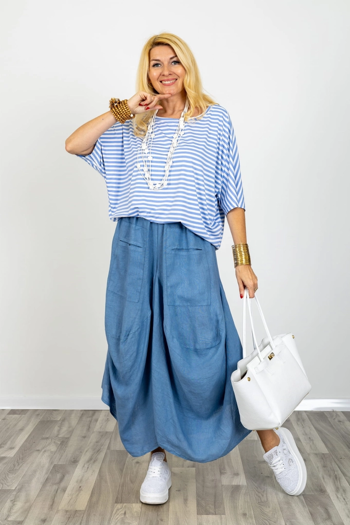 Spodnie lniane haremki z gumką w pasie kieszeniami z przodu baggy z obniżonym krokiem Petriano denim blue