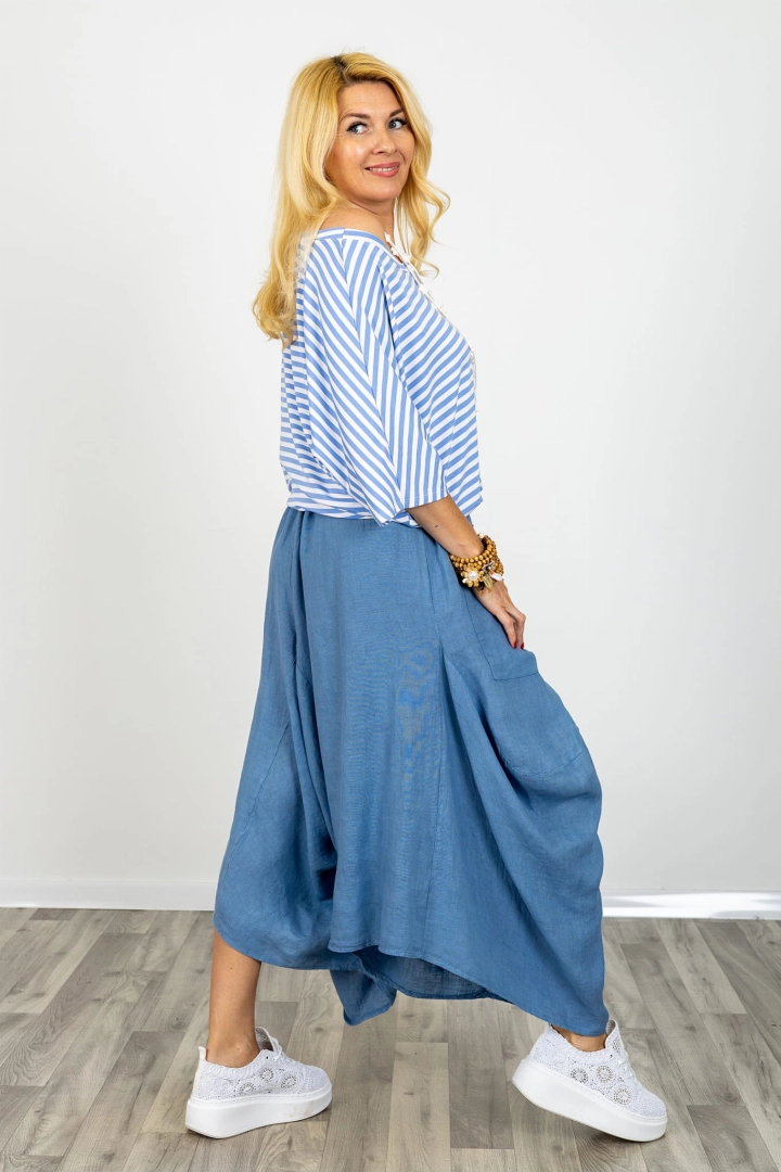 Spodnie lniane haremki baggy z obniżonym krokiem Petriano denim blue z gumką w pasie kieszeniami z przodu