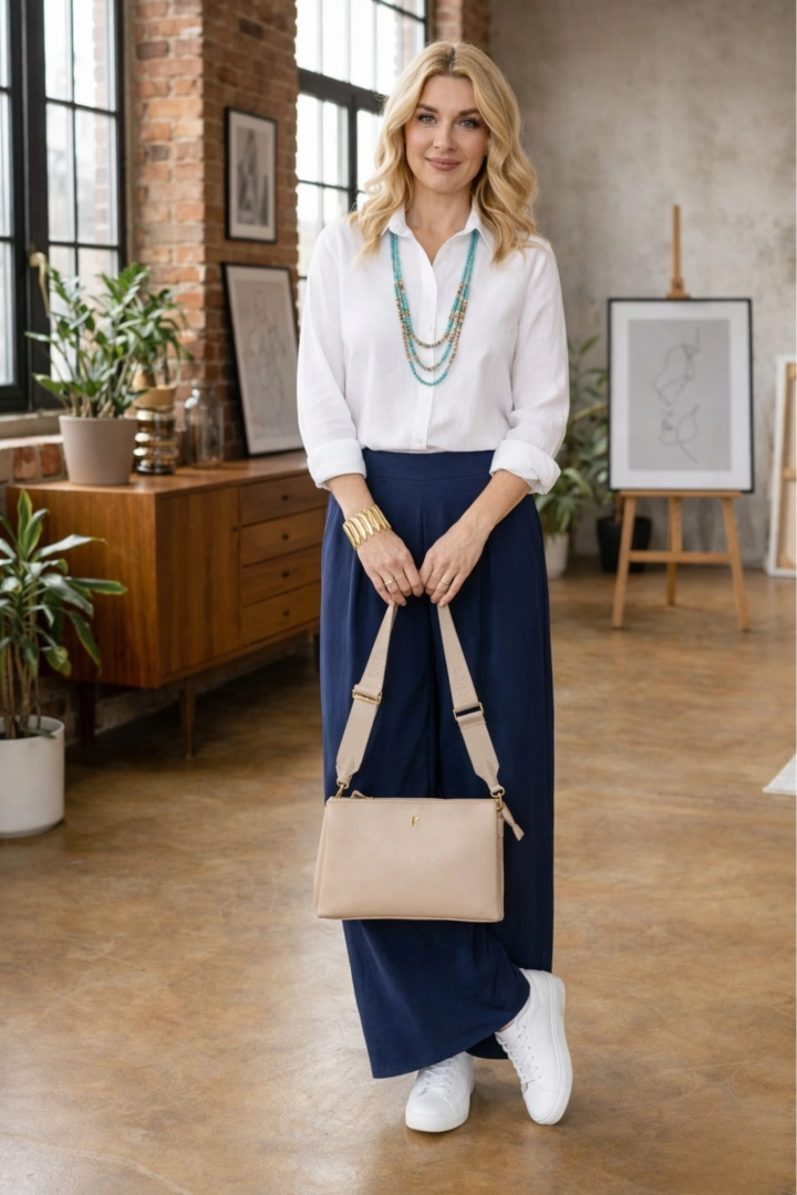 Spodnie palazzo granatowe Isengoa z kieszonkami i ozdobnymi zaszewkami wysoki stan szerokie