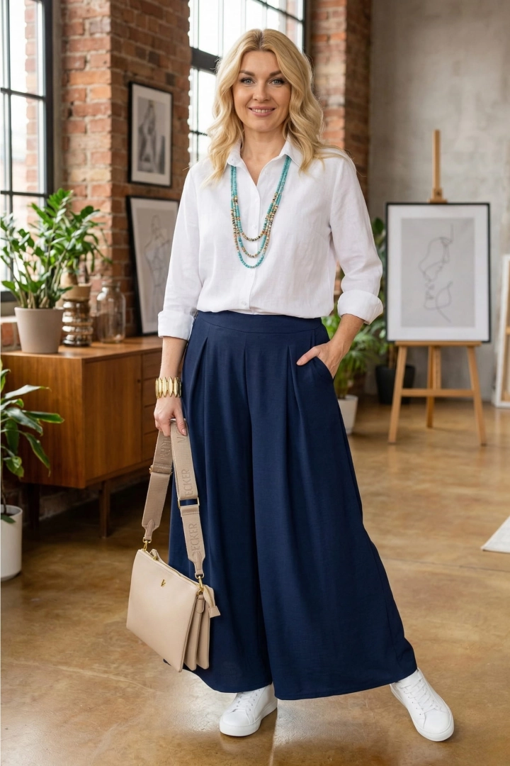 Spodnie palazzo z kieszonkami ozdobnymi zaszewkami i wysokim stanem Isengoa granatowe