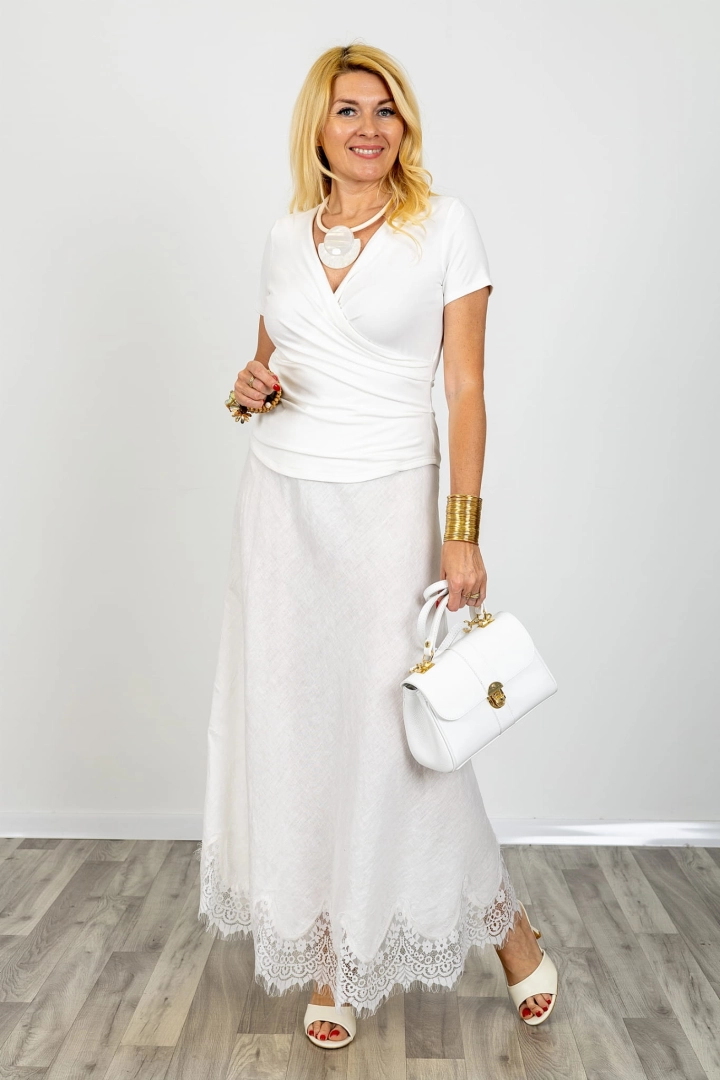 Spódnica lniana maxi na gumce w talii lekko rozkloszowana z koronkowym dołem Buttigliera biała