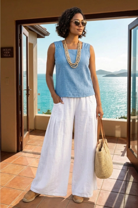 Lniane spodnie palazzo Barbona z zakładkami przy kieszonkach białe