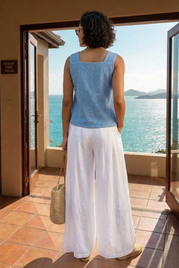 Lniane spodnie palazzo białe Barbona z zakładkami przy kieszonkach